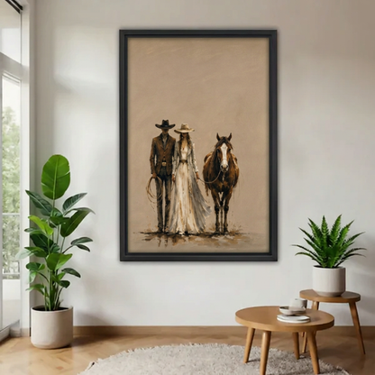  Framed cowboy, cowgirl and horse canvas beside indoor plants.
