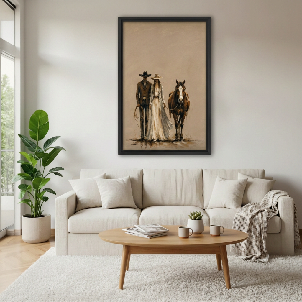 Framed cowboy, cowgirl and horse canvas above a cream sofa.