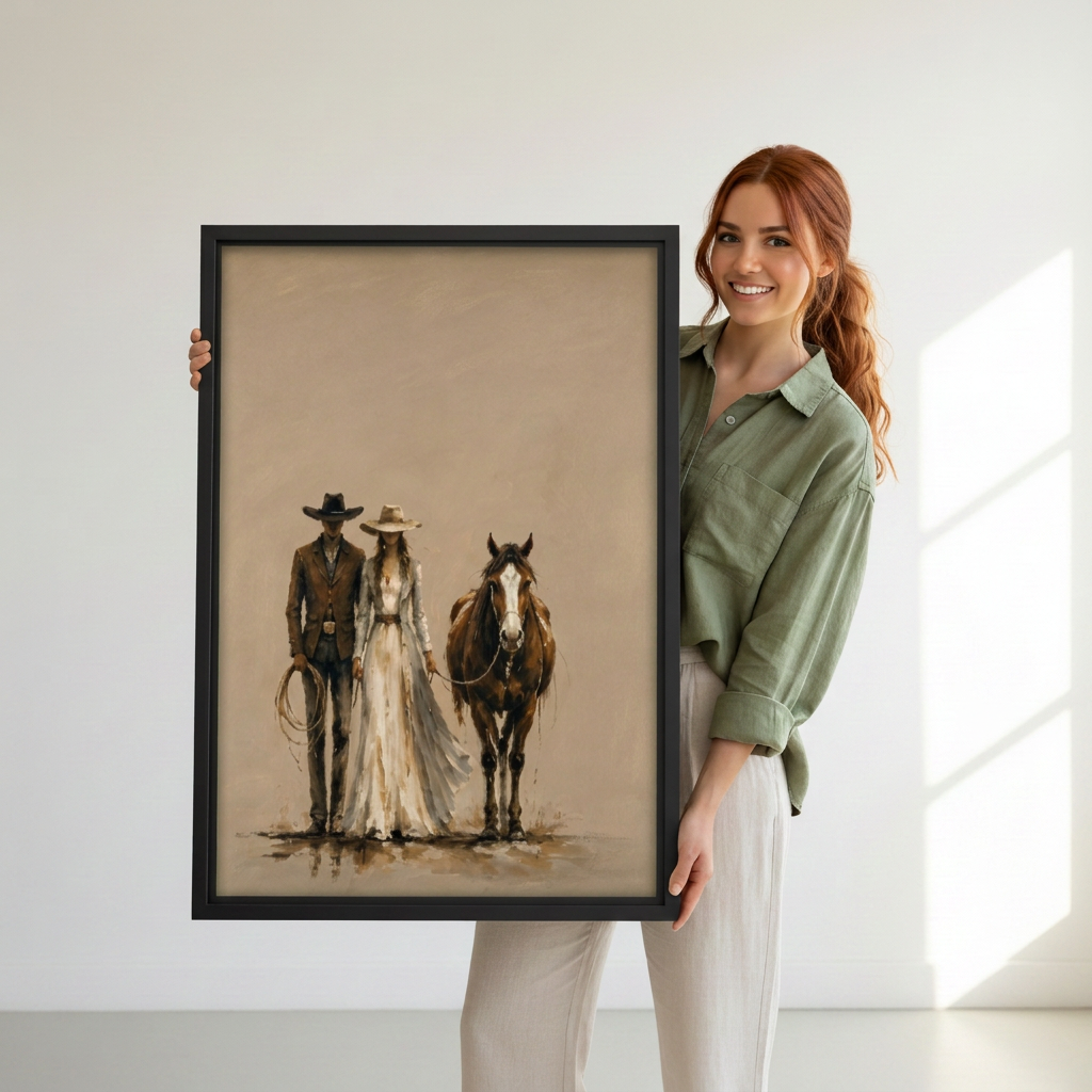 Woman holding framed cowboy, cowgirl and horse canvas.