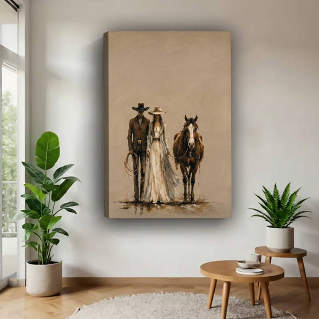 Unframed cowboy, cowgirl and horse canvas on a warm tan background.