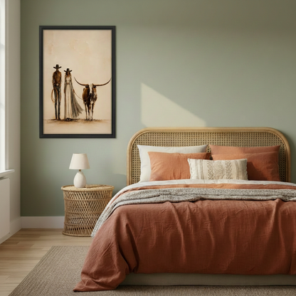 Framed cowboy, cowgirl and longhorn canvas beside a rattan bed.