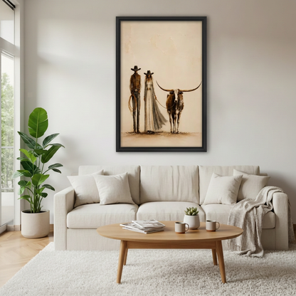  Framed cowboy, cowgirl and longhorn canvas above a cream sofa.
