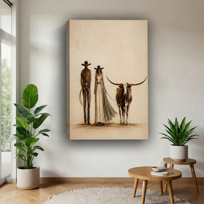 Unframed cowboy, cowgirl and longhorn canvas on a cream background.