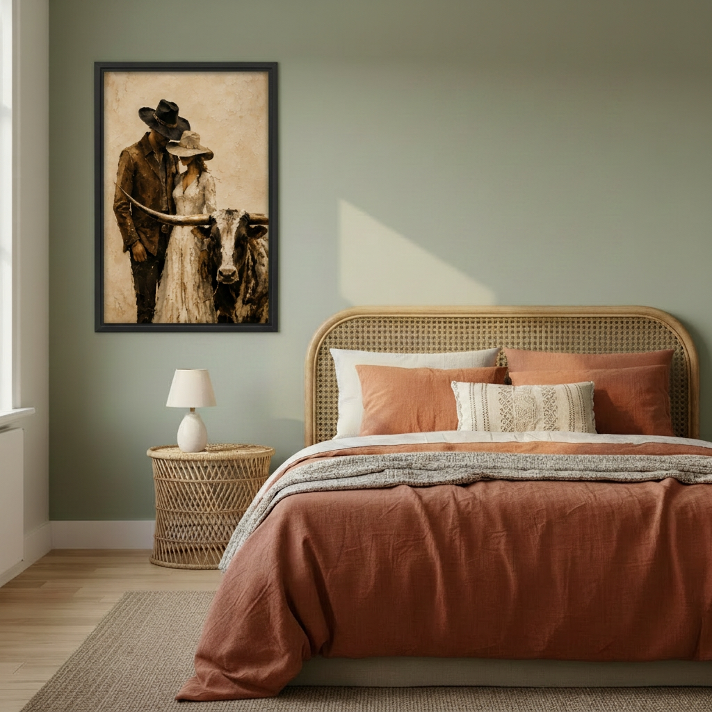 Framed cowboy, cowgirl and longhorn portrait canvas beside a rattan bed.