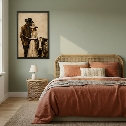 Framed cowboy, cowgirl and longhorn portrait canvas beside a rattan bed.
