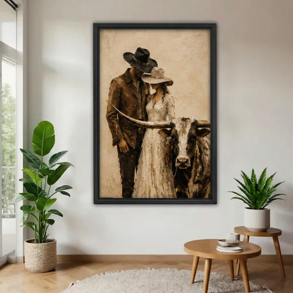 Framed cowboy, cowgirl and longhorn portrait canvas beside indoor plants.