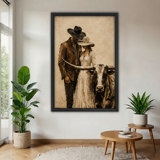 Framed cowboy, cowgirl and longhorn portrait canvas beside indoor plants.