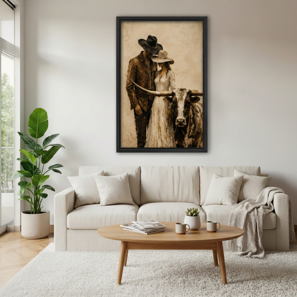Framed cowboy, cowgirl and longhorn portrait canvas above a cream sofa.