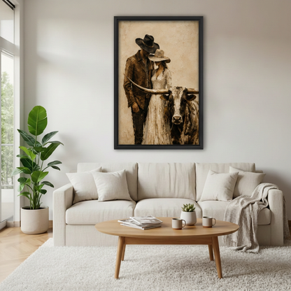Framed cowboy, cowgirl and longhorn portrait canvas above a cream sofa.