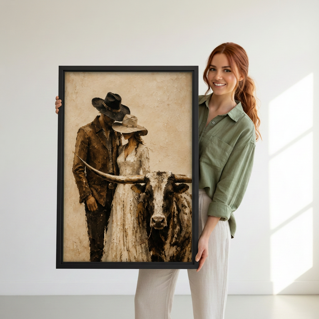 Woman holding framed cowboy, cowgirl and longhorn portrait canvas.