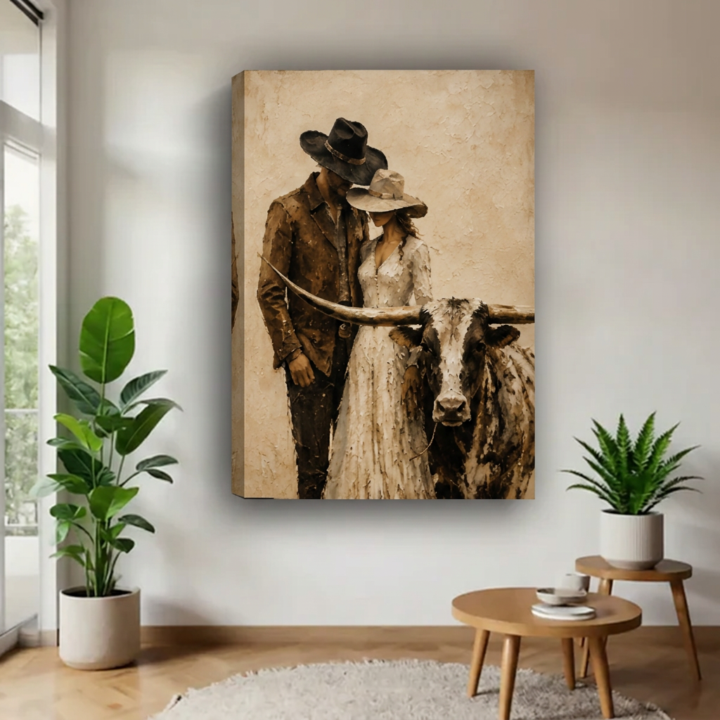 Unframed cowboy, cowgirl and longhorn portrait canvas in warm neutral tones.