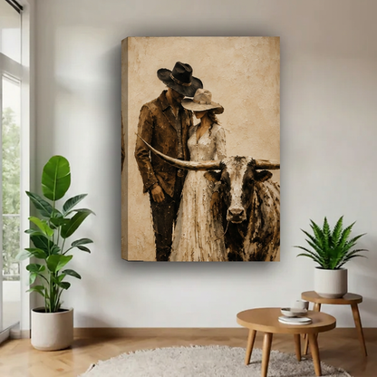 Unframed cowboy, cowgirl and longhorn portrait canvas in warm neutral tones.
