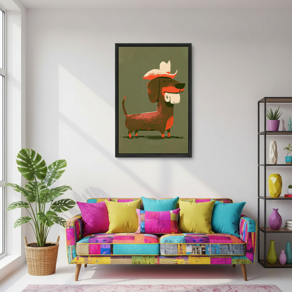 Framed cowboy dachshund canvas wall art beside a round mirror and rustic wooden vanity in a bright bathroom.