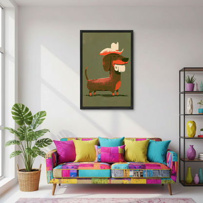 Framed cowboy dachshund canvas wall art beside a round mirror and rustic wooden vanity in a bright bathroom.