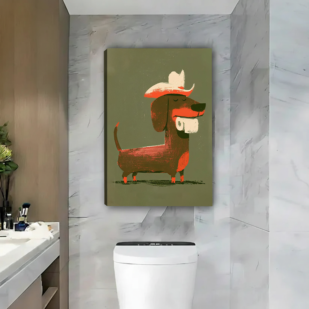 Framed cowboy dachshund canvas wall art with an olive background above a colorful patchwork sofa beside plants.
