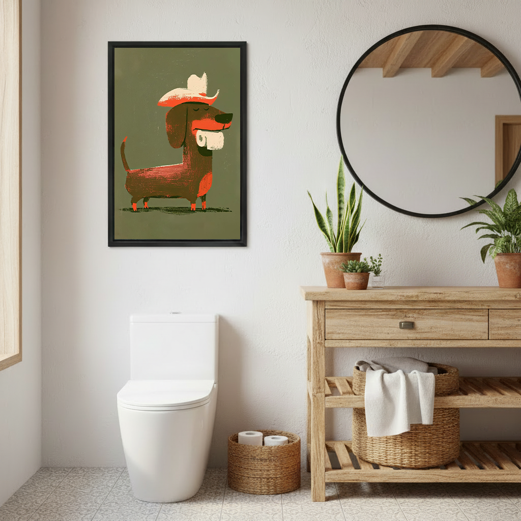 Whimsical cowboy dachshund canvas wall art without an outer frame above a toilet against gray marble walls.