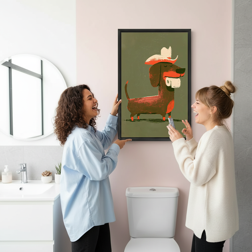 Cowboy dachshund canvas wall art in a black frame above a toilet against gray marble bathroom walls.