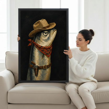 Woman holding funny cowboy fish dark oil painting framed canvas print for wall decor