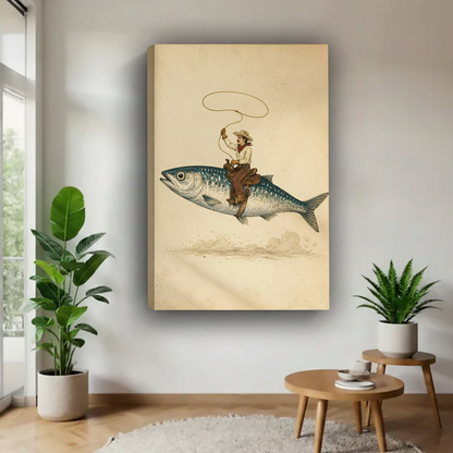 Unframed gallery wrap canvas of vintage cowboy riding fish with lasso on aged parchment background, stretched canvas with visible side depth for eclectic home decor