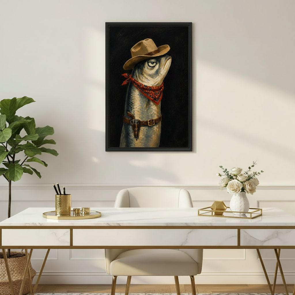 Cowboy fish dark oil painting framed canvas displayed in modern home office