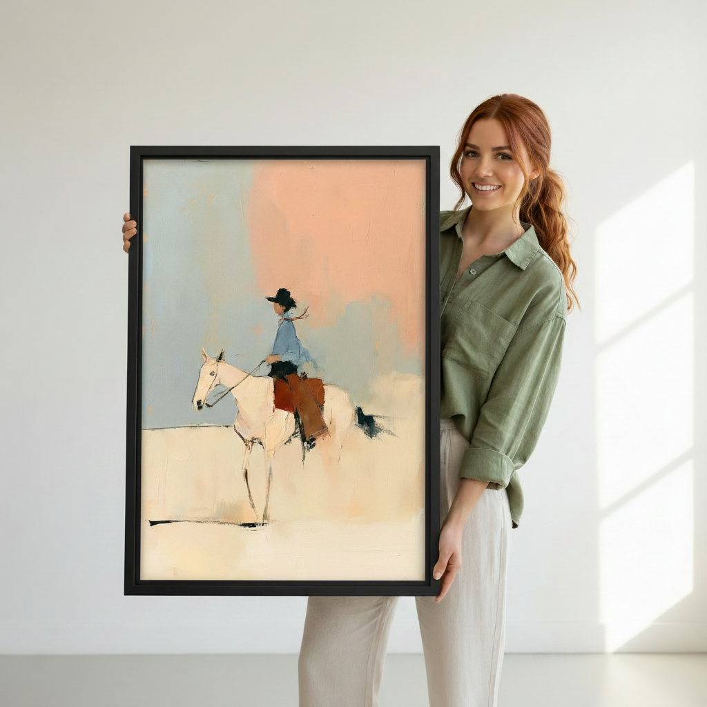 Close-up detail of cowboy in black hat riding white horse on peach blue background, minimalist oil painting canvas print