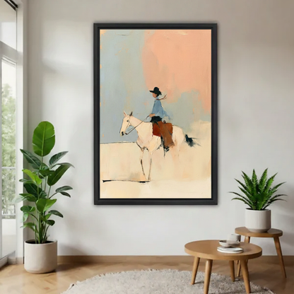 Cowboy riding white horse canvas print in black frame, minimalist western wall art in modern living room decor