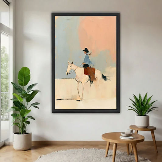 Cowboy riding white horse canvas print in black frame, minimalist western wall art in modern living room decor