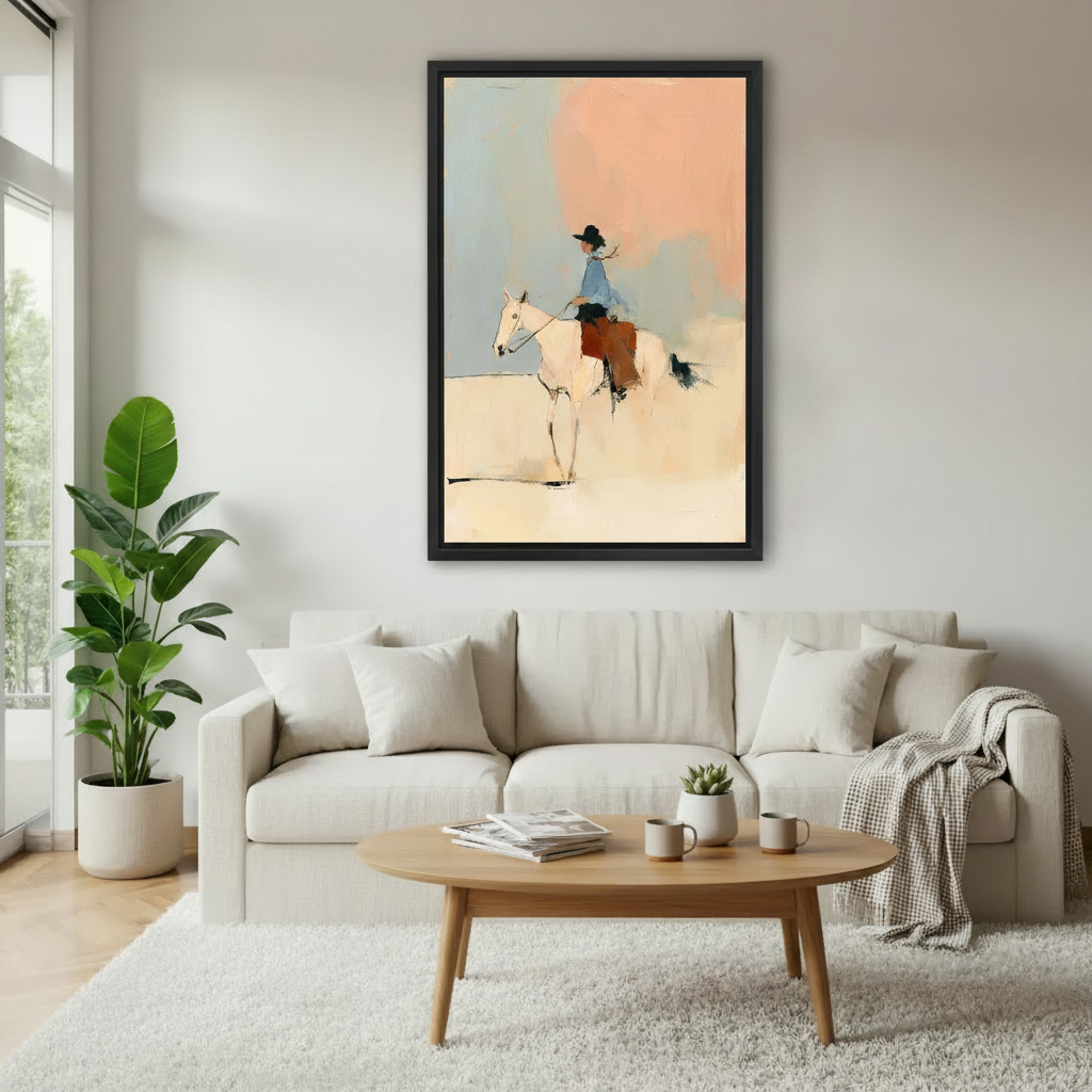 Large black framed cowboy on white horse canvas print on white wall, minimalist western boho home wall art decor