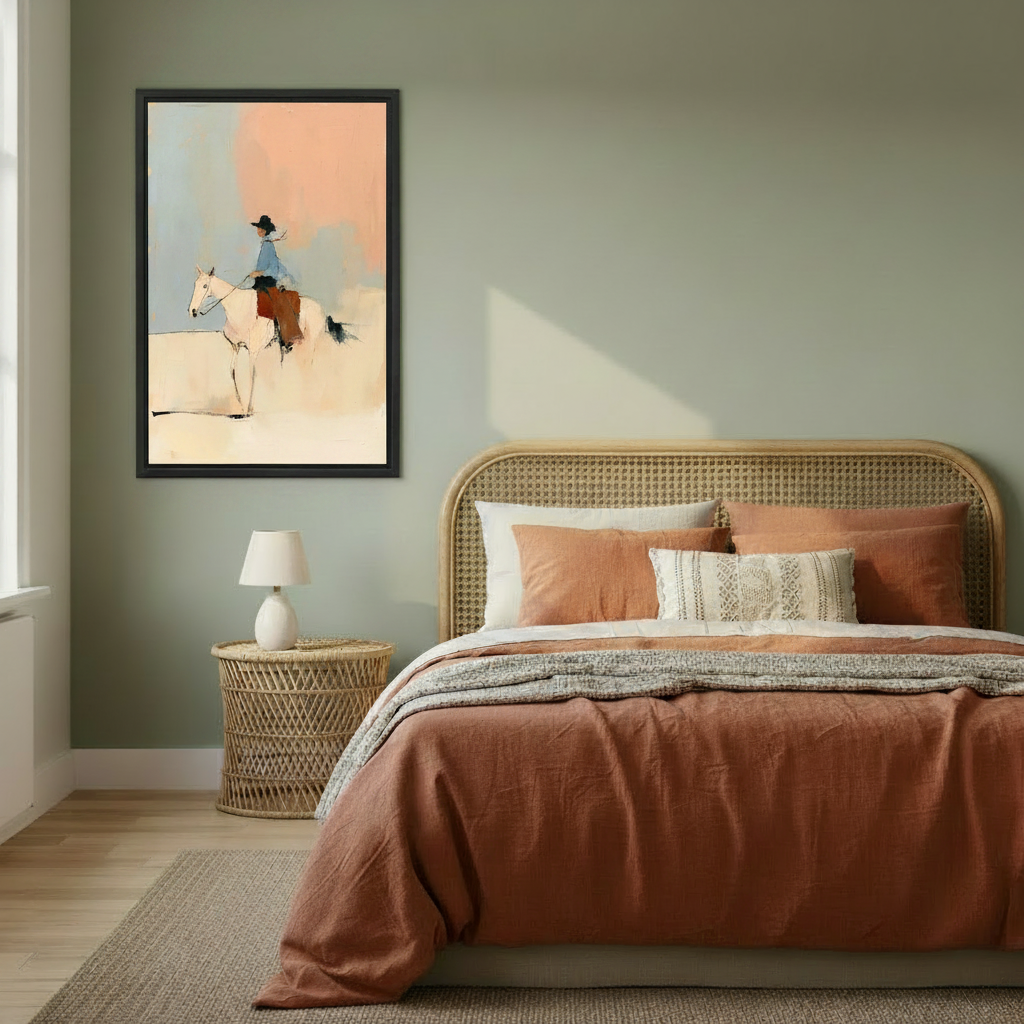 Minimalist cowboy and white horse canvas print in black frame above rattan bed, western wall art bedroom decor