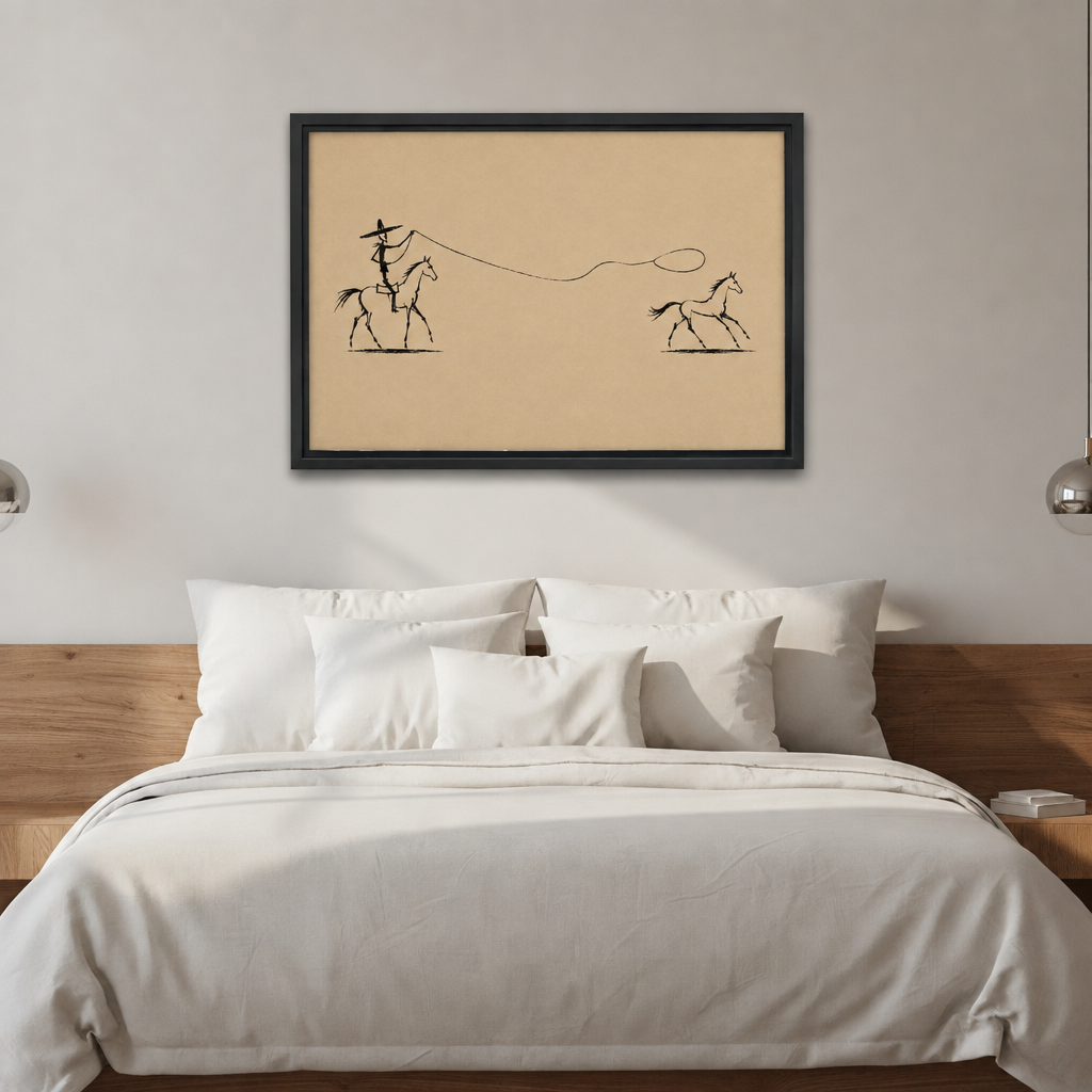 Minimalist ink line drawing of cowboy on horseback casting a lasso toward a running horse on warm tan background framed canvas above white linen bed with wood headboard and silver wall lamps