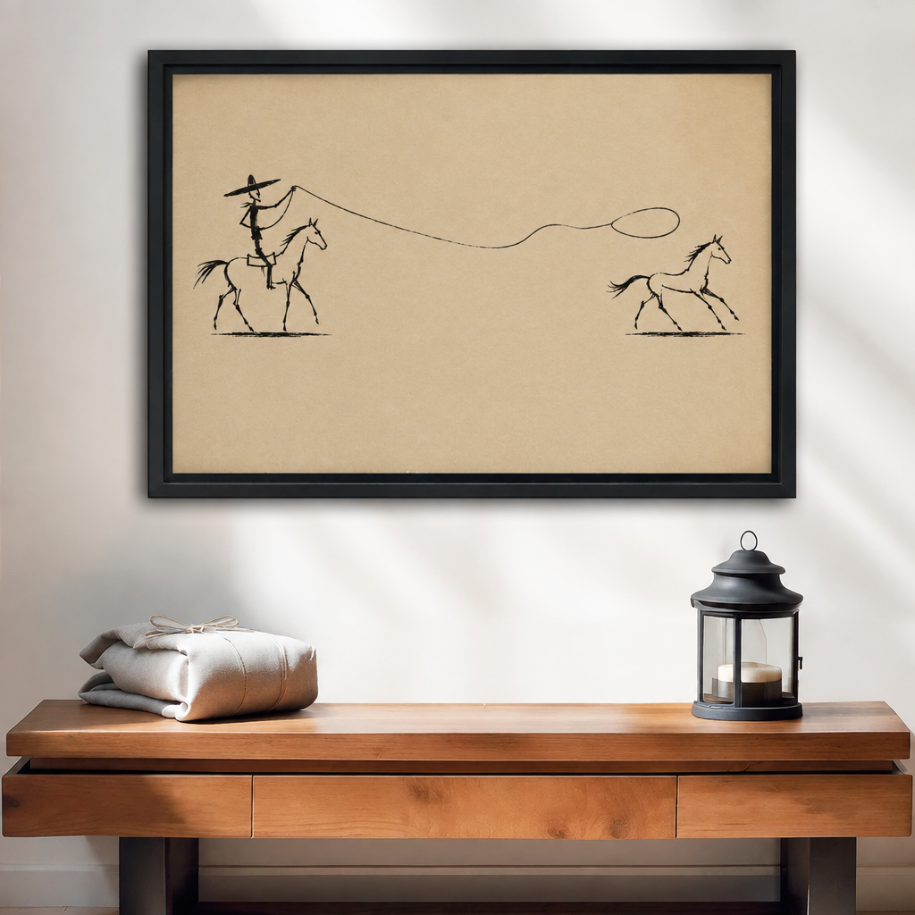 Framed canvas of minimalist ink sketch of a cowboy in wide-brim hat riding a horse and casting a lasso loop toward a galloping horse on warm tan background above wood console table with black lantern