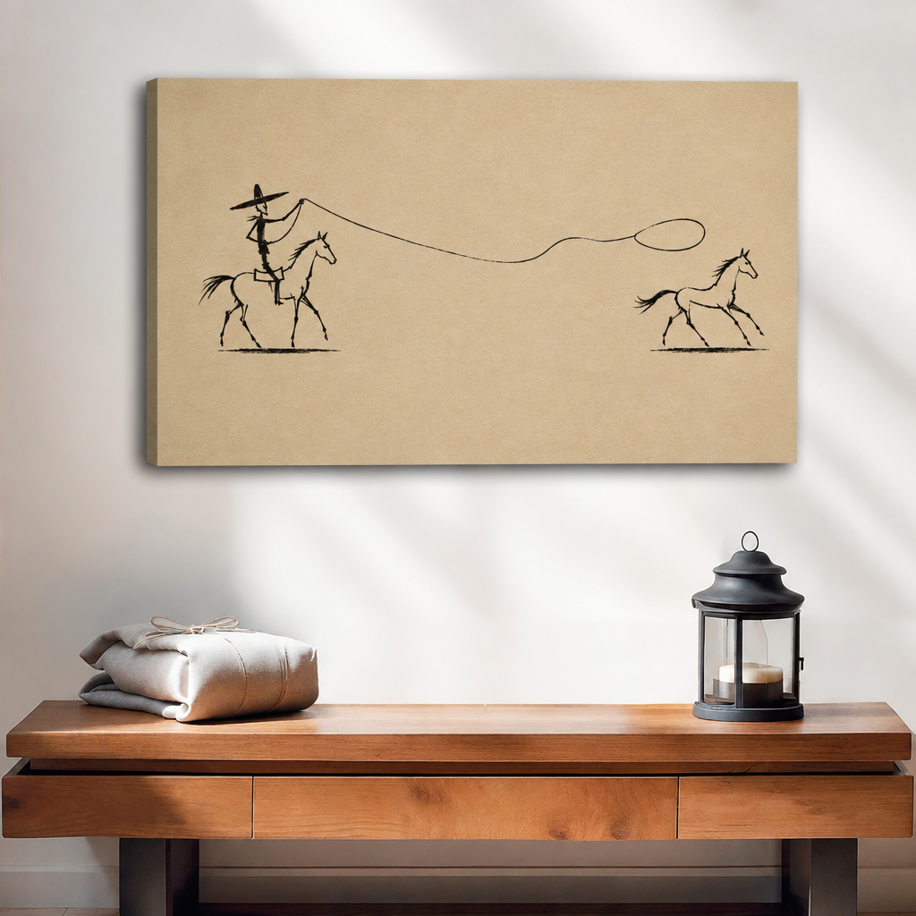 Frameless gallery wrap canvas of minimalist ink line drawing of a cowboy in sombrero on horseback swinging a lasso toward a running horse on warm tan background above wood console table with black lantern and linen bundle