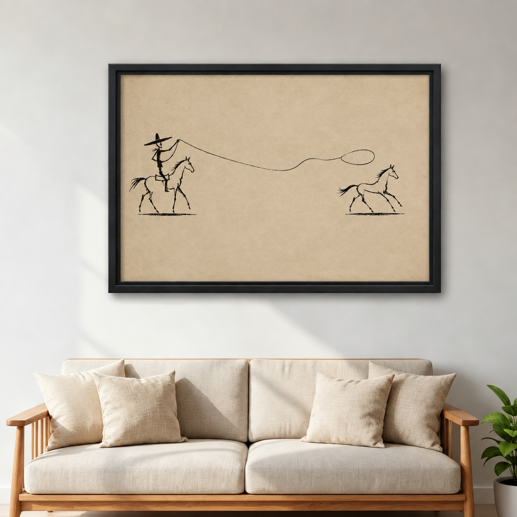Minimalist western line art of cowboy on horseback throwing a lasso toward a running horse on tan background framed canvas above cream linen sofa with wood armchair and green plant