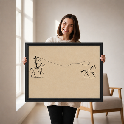 Smiling woman holding horizontal framed canvas of minimalist ink drawing of a cowboy in sombrero on horseback swinging a lasso loop toward a galloping horse on warm tan background