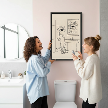 Framed cowboy mouse canvas wall art hangs beside a round mirror and wooden vanity in a bright bathroom.