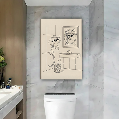 Gallery-wrap cowboy mouse canvas wall art hangs on a tiled bathroom wall above a modern toilet.
