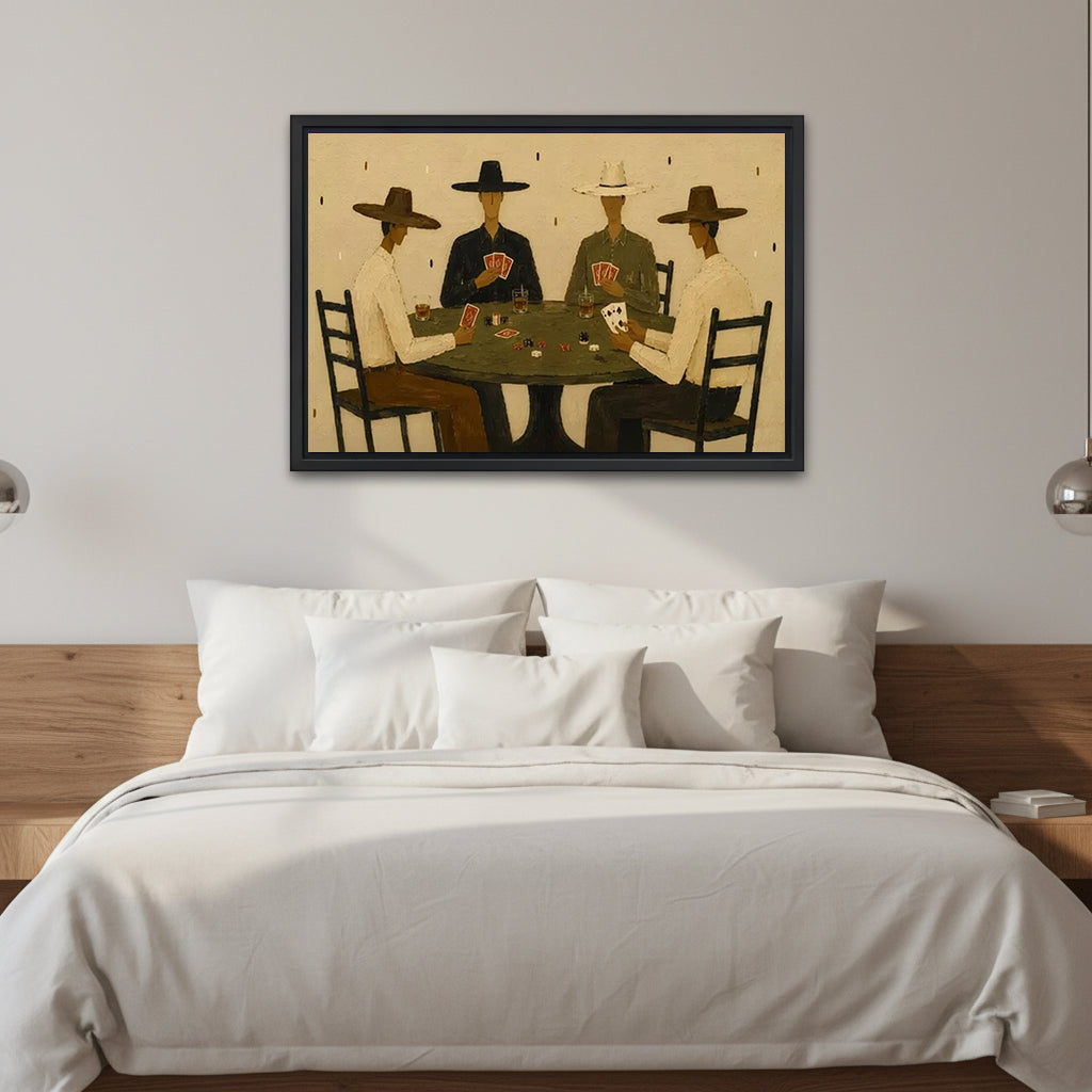 Western cowboy poker canvas wall art in a black frame above a white bed with a wooden headboard