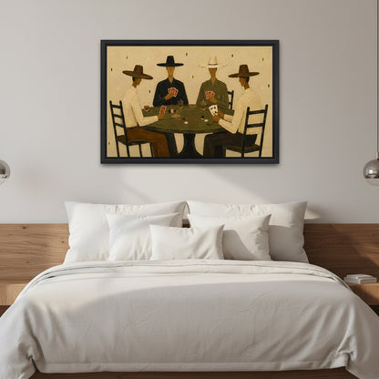 Western cowboy poker canvas wall art in a black frame above a white bed with a wooden headboard