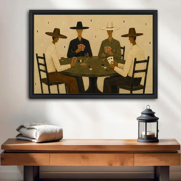 Framed cowboy poker canvas wall art featuring four card players above a wooden bench with a black lantern