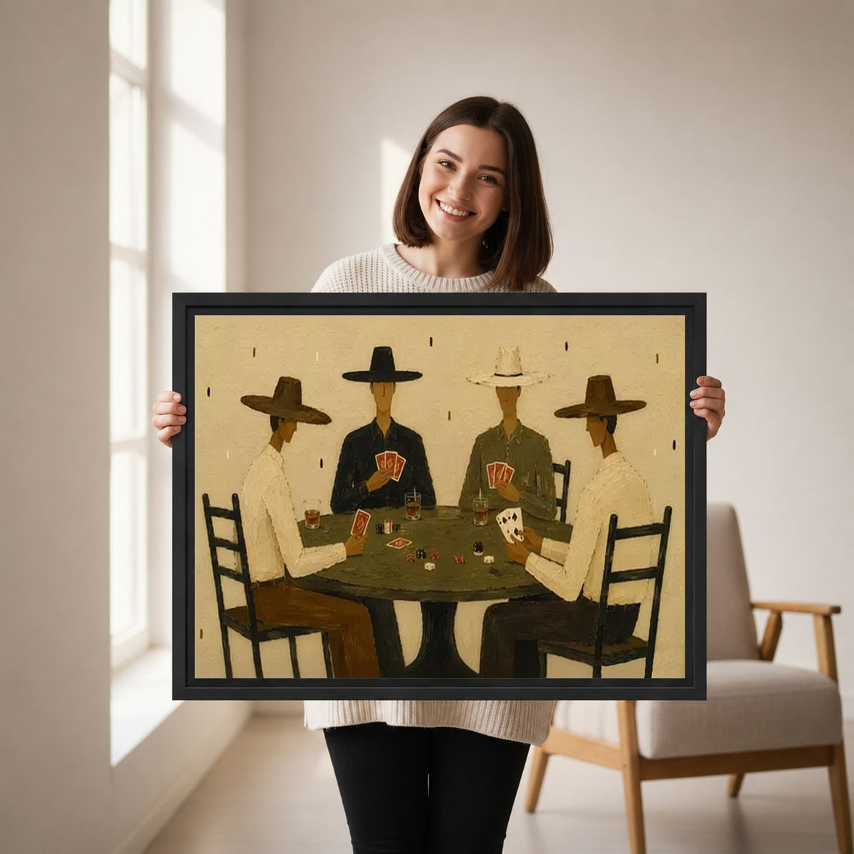 Woman holding framed cowboy poker canvas wall art showing four cowboys gathered around a round card table