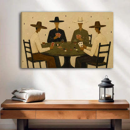 Gallery-wrap cowboy poker canvas wall art showing the left canvas edge above a wooden bench