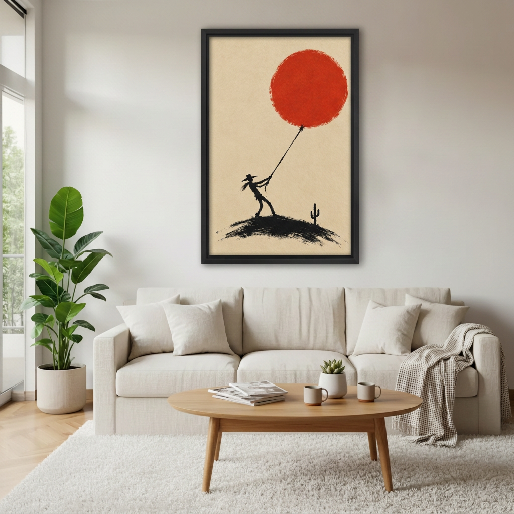 Cowboy pulling red sun canvas wall art in a black frame above a cream living room sofa.