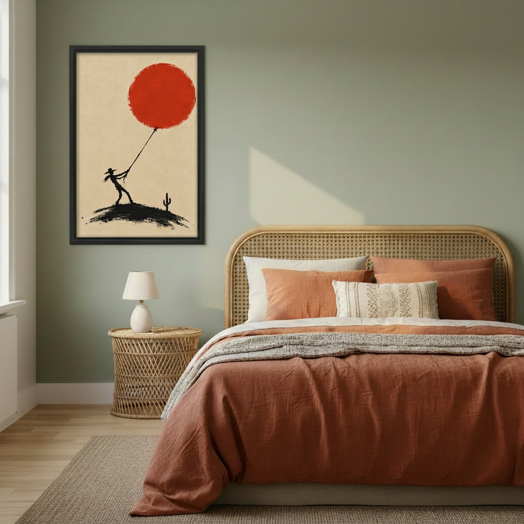  Cowboy pulling red sun canvas wall art in a black frame beside a bed with terracotta bedding.