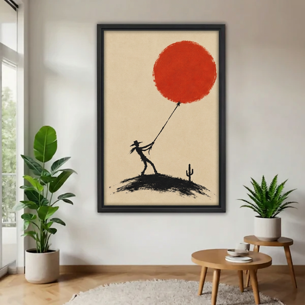 Black-framed cowboy pulling red sun canvas wall art displayed beside green plants and round wooden tables.