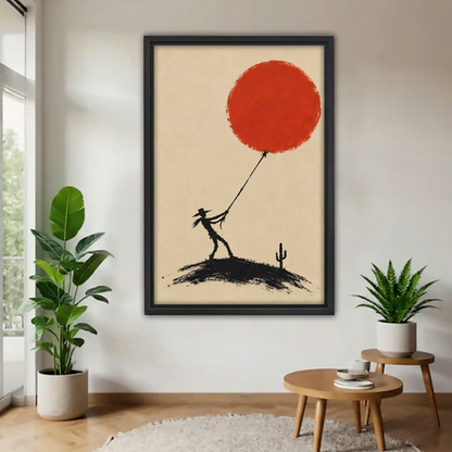 Black-framed cowboy pulling red sun canvas wall art displayed beside green plants and round wooden tables.