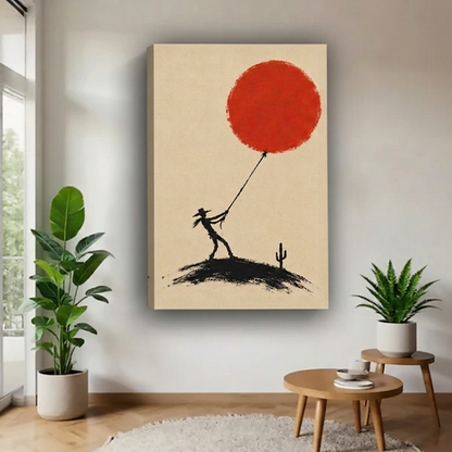 Gallery-wrap cowboy pulling red sun canvas wall art without an outer frame, displayed beside leafy green plants.