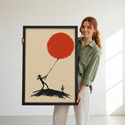 Woman holding framed cowboy pulling red sun canvas wall art featuring a black silhouette and desert cactus.