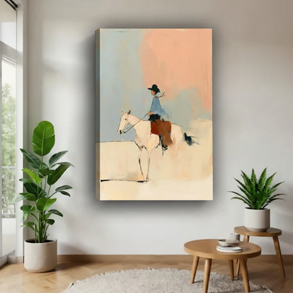Frameless gallery wrap canvas of cowboy on white horse, minimalist western wall art with thick side edges