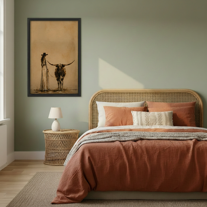 Framed cowgirl and longhorn canvas beside a rattan bed.