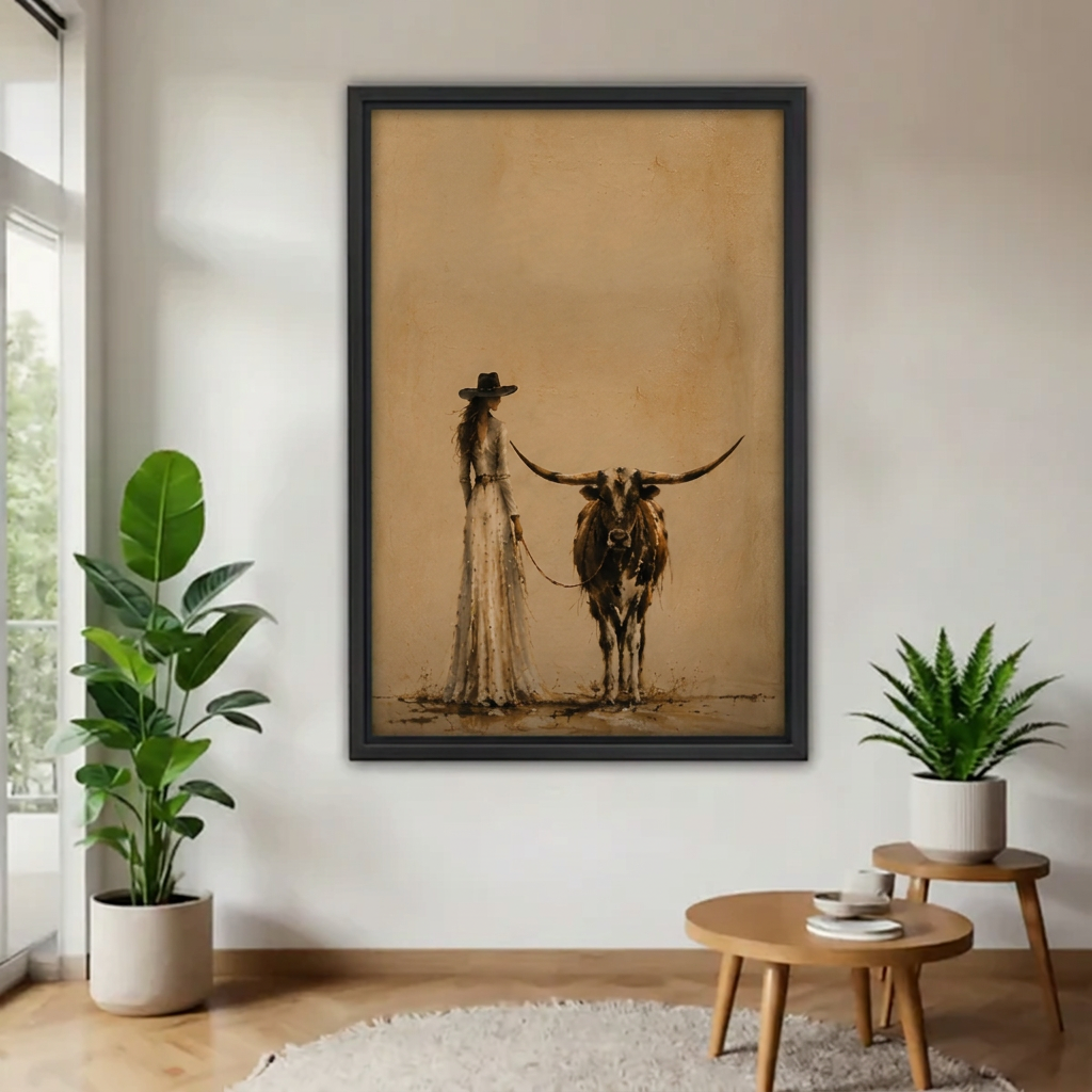  Framed cowgirl and longhorn canvas beside indoor plants.